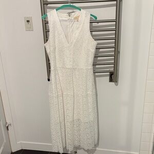 Michael Kors White Lace V-Neck Sleeveless Midi Dress